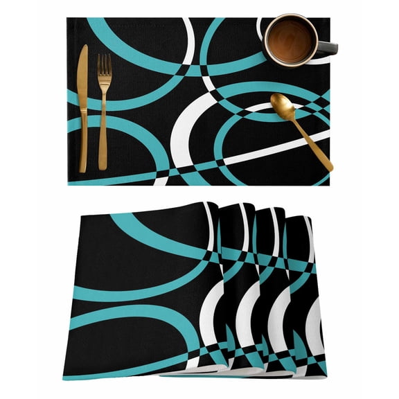 Placemats Set of 4, Turquoise Geometric Woven Placemat, Linen Place Mats for Kitchen/Dining Tables, Modern Abstract Aesthetic Striped Art Washable Table Mats for Party