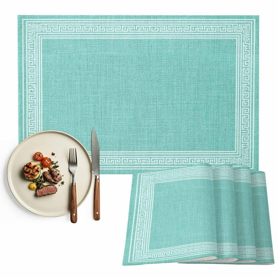 Placemats Set of 4, Turquoise Linen Key Design Place Mats Geometric Back Print Tablemats Washable Placemat Table Decoration for Kitchen Table Dinner Party Home Decor Indoor Outdoor 13x19 Inch