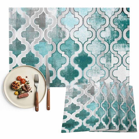 Placemats Set of 4, Turquoise Morocco Pattern Placemats Set of 4, Abstract Graffiti Art Tablemats Placemat Table Decoration for Kitchen Table Dinner Party Home Decor Indoor Outdoor 13x19 Inch