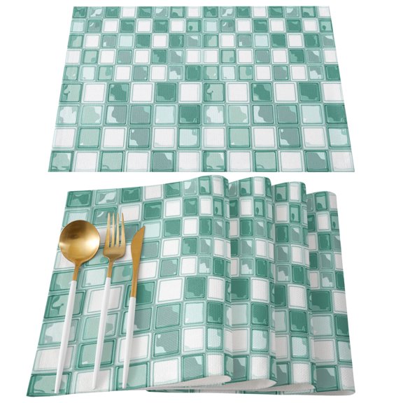 Placemats Set of 4, Turquoise Mosaic Tiles Place Mats Checkerboard Squares Linen Tablemats Washable Placemat Table Decoration for Kitchen Table Dinner Party Home Decor Indoor Outdoor 13x19 Inch