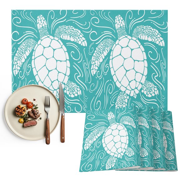 Placemats Set of 4, Turquoise Sea Turtle Place Mats Coastal Marine Life Waves Tablemats Washable Placemat Table Decoration for Kitchen Table Dinner Party Home Decor Indoor Outdoor 13x19 Inch