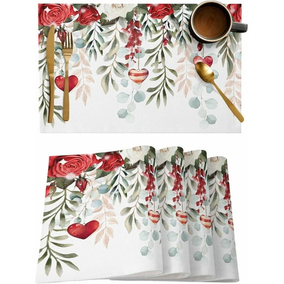 Placemats Set of 4, Valentine''s Day Romantic Flower and Plants Red Rose on White Kitchen Table Placemats,Non Slip Washable Dining Table Mats Set for Wedding Holiday Party Decoration