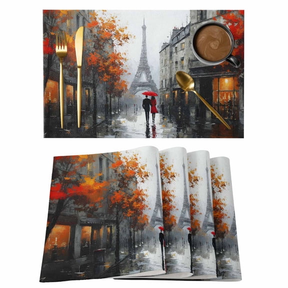 Placemats Set of 4, Valentine's Day Woven Placemat, Linen Place Mats for Kitchen/Dining Tables, Couples Street Romantic Maple Leave Rainy Washable Table Mats for Party