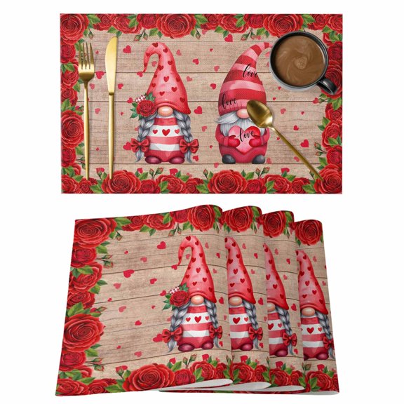 Placemats Set of 4, Valentine's Day Woven Placemat, Linen Place Mats for Kitchen/Dining Tables, Red Gnomes Roses Love Wood Grain Brown Washable Table Mats for Party
