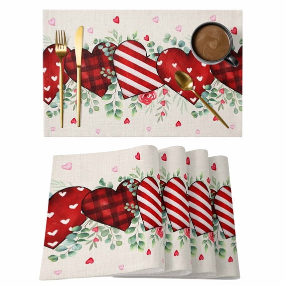 Placemats Set of 4, Valentine's Day Woven Placemat, Linen Place Mats for Kitchen/Dining Tables, Red Strip Plaid Love Eucalyptus Beige Burlap Washable Table Mats for Party