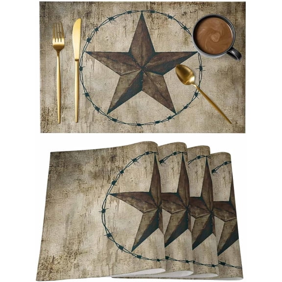 Placemats Set of 4, Vintage Farmhouse Washable Wipeable Table Mats for Dining Tables, Rustic Western Texas Star Shabby Art Indoor Outdoor Waterproof Kitchen Place Mats for Holiday Table Decor