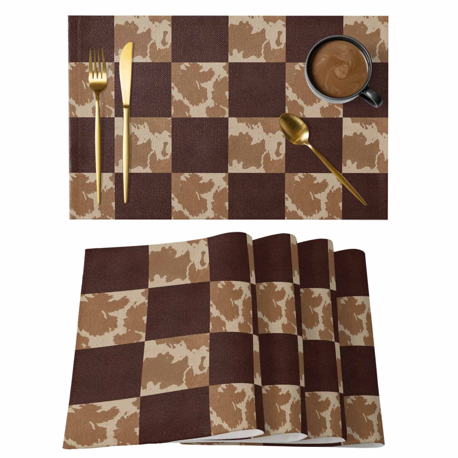 Placemats Set of 4, Vintage Patchwork Woven Placemat, Linen Place Mats for Kitchen/Dining Tables, Western Brown Animal Texture Plaid Washable Table Mats for Party