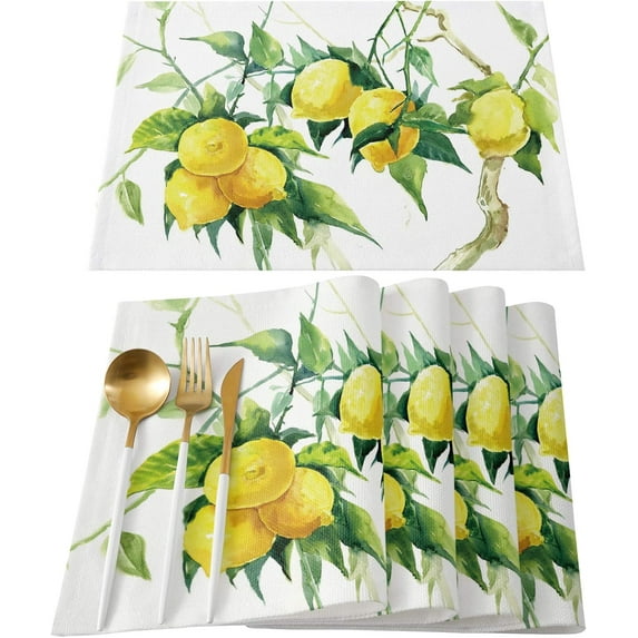 Placemats Set of 4 Washable,Farmhouse Placemat for Dining Table Decorations, Heat-Proof Table Mats for Kitchen Dinner Banquet Fresh Lemon Spring Summer Watercolor