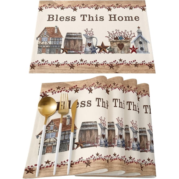 Placemats Set of 4 Washable,Rustic Country Star Placemat for Dining Table Decorations, Heat-Proof Table Mats for Kitchen Dinner Banquet Farmhouse Wooden Plank