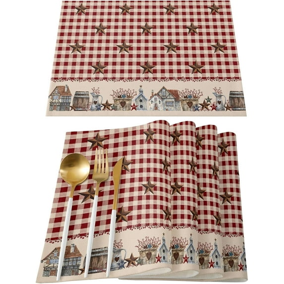 Placemats Set of 4 Washable,Rustic Country Star Red Lattice Placemat for Dining Table Decorations, Heat-Proof Table Mats for Kitchen Dinner Banquet Farmhouse Wooden Plank
