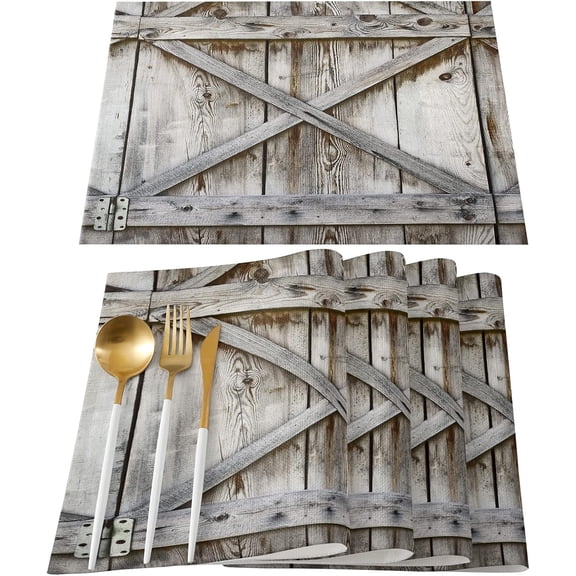 Placemats Set of 4 Washable,White Wooden Rustic Plank Barn Door Placemat for Dining Table Decorations, Heat-Proof Table Mats for Kitchen Dinner Banquet Farmhouse Country Vintage