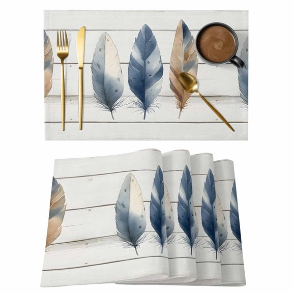 Placemats Set of 4 Watercolor Brown Blue Feather Non-Slip Place Mat Wood Grain Table Mats Washable Stain-Resistant Tablemats for Party/Dining Room/Kitchen Decorations