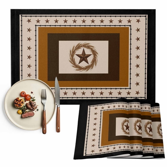 Placemats Set of 4, Weatern Texas Star Brown Place Mats Rustic Wheat Ears Tablemats Washable Placemat Table Decoration for Kitchen Table Dinner Party Home Decor Indoor Outdoor 13x19 Inch