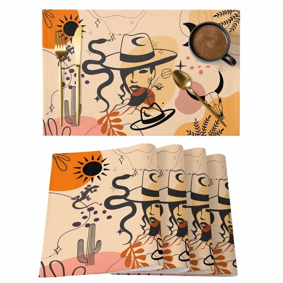 Placemats Set of 4, Western Boho Woven Placemat, Linen Place Mats for Kitchen/Dining Tables, Vintage Cowboys Abstract Cactus Plant Beige Washable Table Mats for Party