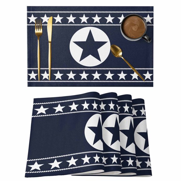 Placemats Set of 4, Western Star Ethnic Woven Placemat, Linen Place Mats for Kitchen/Dining Tables, Navy Blue Texas Ethnic Stars Vintage Washable Table Mats for Party