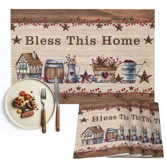 Placemats Set of 4, Western Star Texas Placemats Set of 4, Red Berry Farmhouse Wood Grain Tablemats Placemat Table Decoration for Kitchen Table Dinner Party Home Decor Indoor Outdoor 13x19 Inch