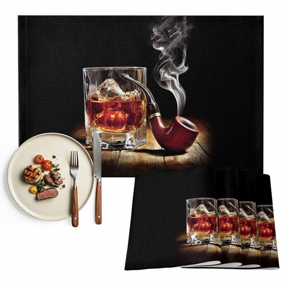 Placemats Set of 4, Whisky Glass Place Mats Wine Old Fashioned Cigarettes Tablemats Washable Placemat Table Decoration for Kitchen Table Dinner Party Home Decor Indoor Outdoor 13x19 Inch
