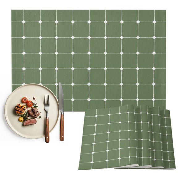 Placemats Set of 4, White Dots Grid Lines Place Mats Intersect Points Green Plaid Tablemats Washable Placemat Table Decoration for Kitchen Table Dinner Party Home Decor Indoor Outdoor 13x19 Inch