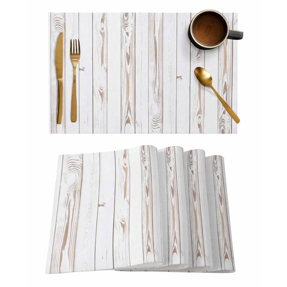 Placemats Set of 4, White Wood Grain Woven Placemat, Linen Place Mats for Kitchen/Dining Tables, Country Farmhouse Wooden Plank Washable Table Mats for Party