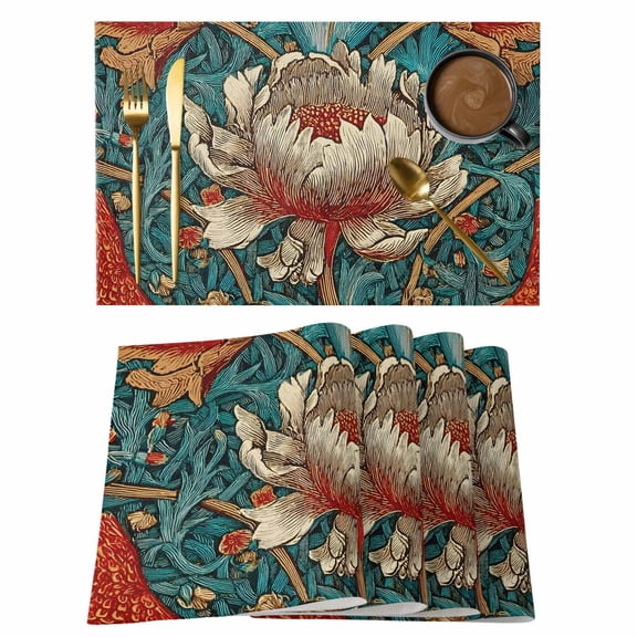 Placemats Set of 4, William Morris Plant Floral Woven Placemat, Linen Place Mats for Kitchen/Dining Tables, Retro Lotus Flower Leaves Washable Table Mats for Party