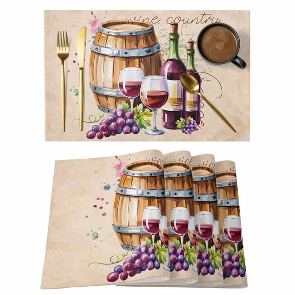 Placemats Set of 4 Wine Grape Non-Slip Place Mat Vintage Watercolor Wine Barrel Table Mats Washable Stain-Resistant Tablemats for Party/Dining Room/Kitchen Decorations