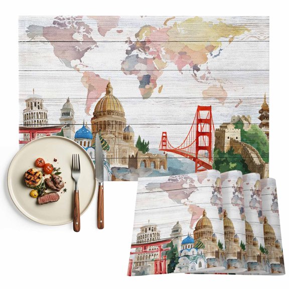 Placemats Set of 4, World Map Place Mats Famous Building Tourism Bridge Wood Grain Tablemats Washable Placemat Table Decoration for Kitchen Table Dinner Party Home Decor Indoor Outdoor 13x19 Inch
