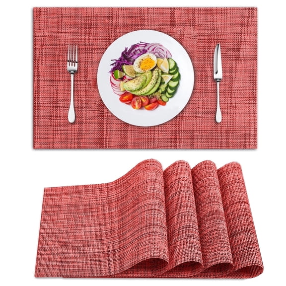 Placemats Set of 4, Woven Placemats for Dining Table, Heat-Resistant Placemats Stain Resistant Anti-Skid Washable PVC Table Mats, Vinyl Placemats for Kitchen Restaurant Table,Red