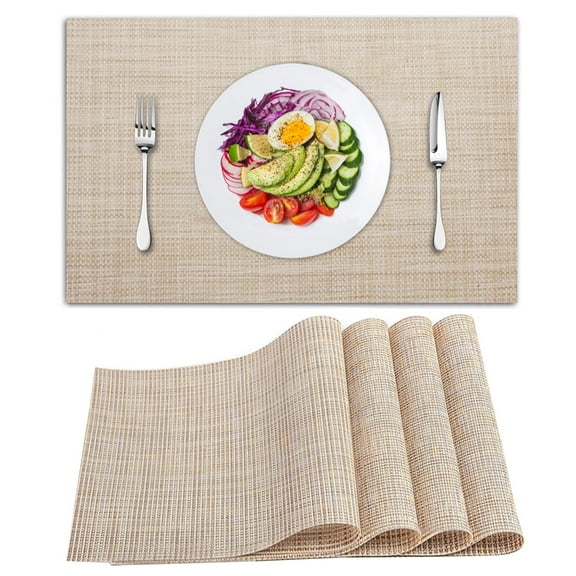 Placemats Set of 4, Woven Placemats for Dining Table, Heat-Resistant Placemats Stain Resistant Anti-Skid Washable PVC Table Mats, Vinyl Placemats for Kitchen Restaurant Table,Beige