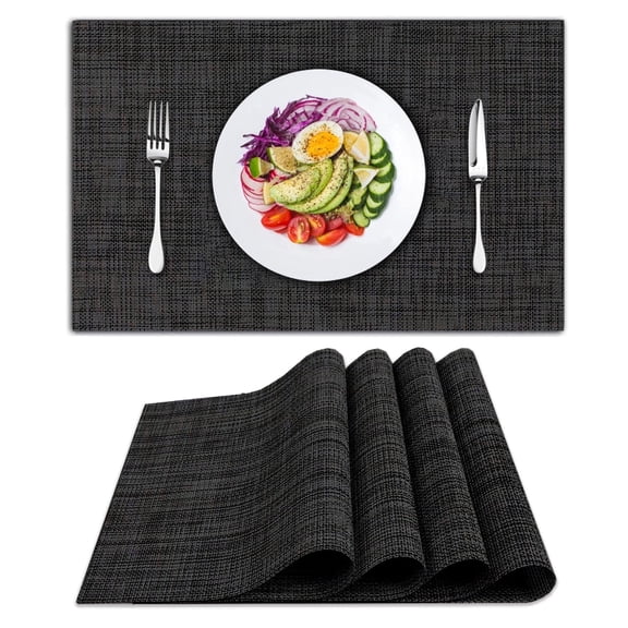 Placemats Set of 4, Woven Placemats for Dining Table, Heat-Resistant Placemats Stain Resistant Anti-Skid Washable PVC Table Mats, Vinyl Placemats for Kitchen Restaurant Table,Black