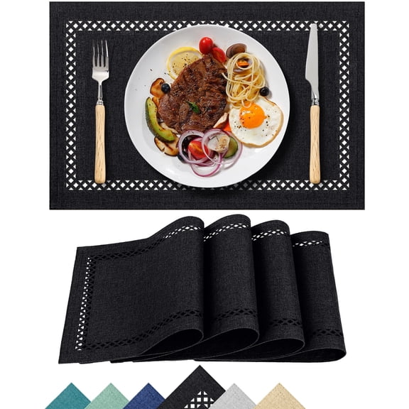 Placemats Set of 4, Yamaziot Double Layer Cloth Fabric Heat Resistant Place Mat, Washable Reversible Rectangle Dining Table Mats, Hollow Black, 12"x18"