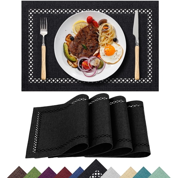 Placemats Set of 4, Yamaziot Double Layer Cloth Fabric Heat Resistant Place Mat, Washable Reversible Rectangle Dining Table Mats, Hollow Black, 12"x18"