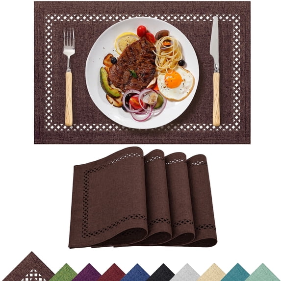 Placemats Set of 4, Yamaziot Double Layer Cloth Fabric Heat Resistant Place Mat, Washable Reversible Rectangle Dining Table Mats, Hollow Brown, 12"x18"