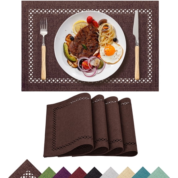 Placemats Set of 4, Yamaziot Double Layer Cloth Fabric Heat Resistant Place Mat, Washable Reversible Rectangle Dining Table Mats, Hollow Brown, 12"x18"
