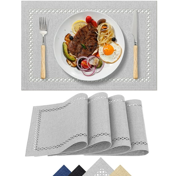 Placemats Set of 4, Yamaziot Double Layer Cloth Fabric Heat Resistant Place Mat, Washable Reversible Rectangle Dining Table Mats, Hollow Gray, 12"x18"