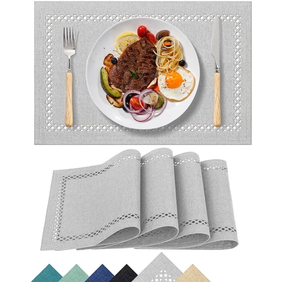 Placemats Set of 4, Yamaziot Double Layer Cloth Fabric Heat Resistant Place Mat, Washable Reversible Rectangle Dining Table Mats, Hollow Gray, 12"x18"