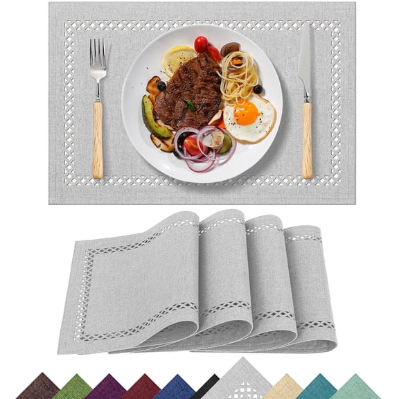 Placemats Set of 4, Yamaziot Double Layer Cloth Fabric Heat Resistant Place Mat, Washable Reversible Rectangle Dining Table Mats, Hollow Gray, 12"x18"