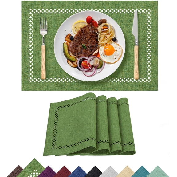 Placemats Set of 4, Yamaziot Double Layer Cloth Fabric Heat Resistant Place Mat, Washable Reversible Rectangle Dining Table Mats, Hollow Green, 12"x18"