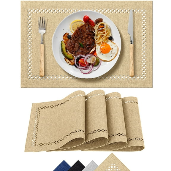 Placemats Set of 4, Yamaziot Double Layer Cloth Fabric Heat Resistant Place Mat, Washable Reversible Rectangle Dining Table Mats, Hollow Khaki, 12"x18"