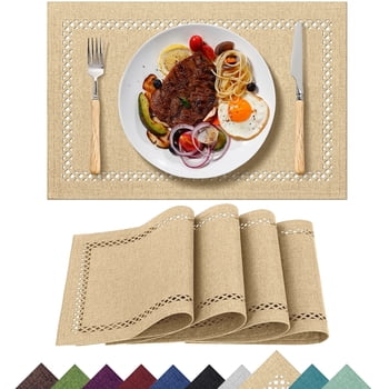 Placemats Set of 4, Yamaziot Double Layer Cloth Fabric Heat Resistant Place Mat, Washable Reversible Rectangle Dining Table Mats, Hollow Khaki, 12"x18"