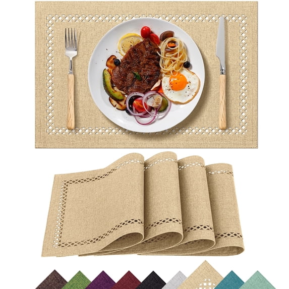 Placemats Set of 4, Yamaziot Double Layer Cloth Fabric Heat Resistant Place Mat, Washable Reversible Rectangle Dining Table Mats, Hollow Khaki, 12"x18"