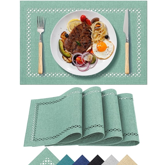 Placemats Set of 4, Yamaziot Double Layer Cloth Fabric Heat Resistant Place Mat, Washable Reversible Rectangle Dining Table Mats, Hollow Teal, 12"x18"
