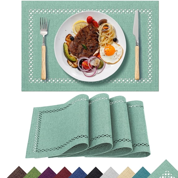 Placemats Set of 4, Yamaziot Double Layer Cloth Fabric Heat Resistant Place Mat, Washable Reversible Rectangle Dining Table Mats, Hollow Teal, 12"x18"