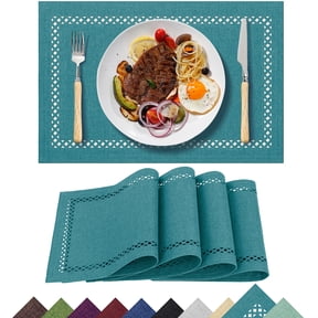 Placemats Set of 4, Yamaziot Double Layer Cloth Fabric Heat Resistant Place Mat, Washable Reversible Rectangle Dining Table Mats, Hollow Teal, 12"x18"