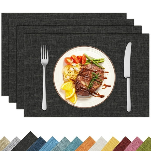 Placemats Set of 4, Yamaziot Double Layer Cloth Fabric Heat Resistant Place Mat, Washable Reversible Rectangle Dining Table Mats, Linen Style Black, 12"x18"