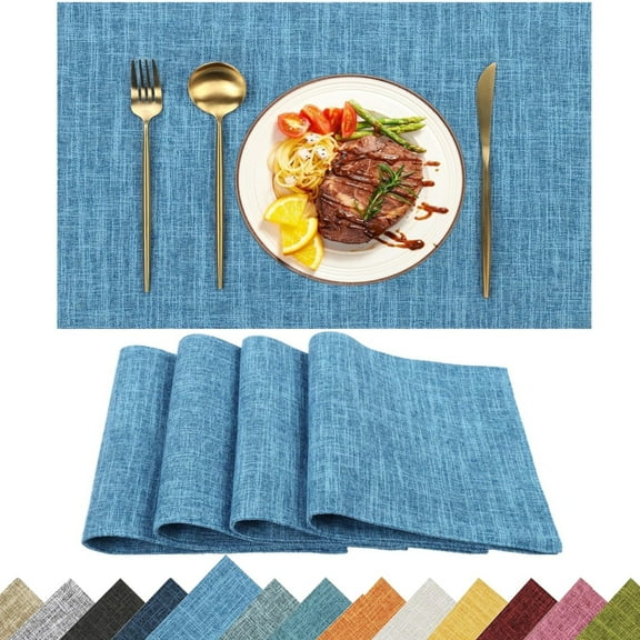 Placemats Set of 4, Yamaziot Double Layer Cloth Fabric Heat Resistant Place Mat, Washable Reversible Rectangle Dining Table Mats, Linen Style Blue, 12"x18"