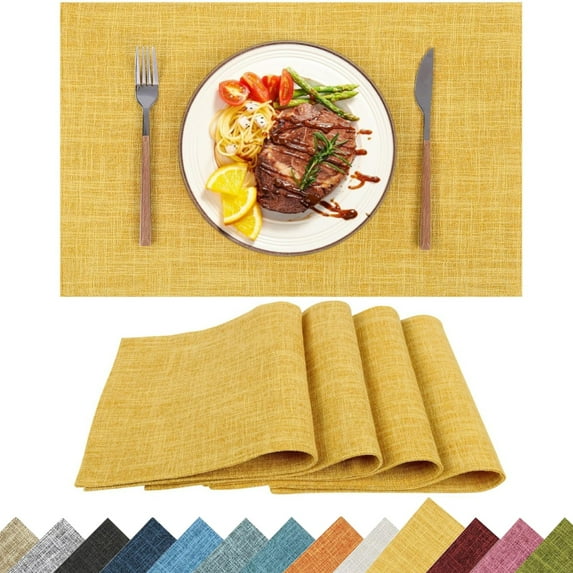 Placemats Set of 4, Yamaziot Double Layer Cloth Fabric Heat Resistant Place Mat, Washable Reversible Rectangle Dining Table Mats, Linen Style Gold Yellow, 12"x18"