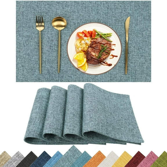 Placemats Set of 4, Yamaziot Double Layer Cloth Fabric Heat Resistant Place Mat, Washable Reversible Rectangle Dining Table Mats, Linen Style Gray Blue, 12"x18"