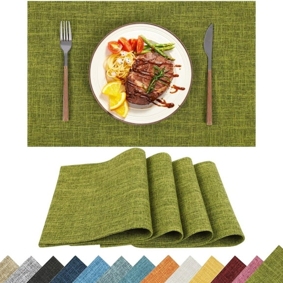 Placemats Set of 4, Yamaziot Double Layer Cloth Fabric Heat Resistant Place Mat, Washable Reversible Rectangle Dining Table Mats, Linen Style Green, 12"x18"