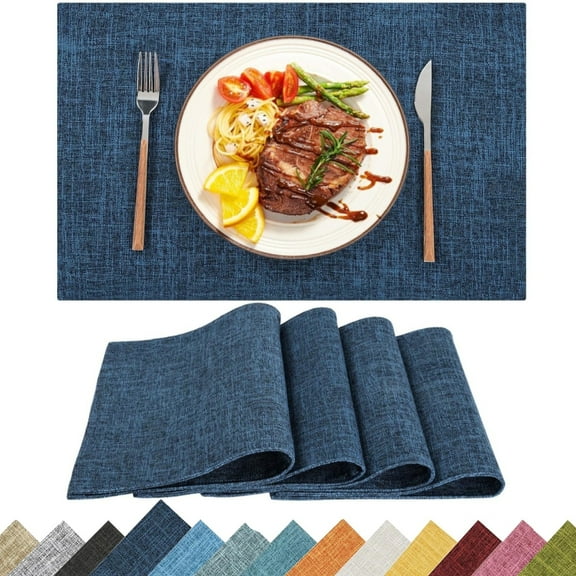 Placemats Set of 4, Yamaziot Double Layer Cloth Fabric Heat Resistant Place Mat, Washable Reversible Rectangle Dining Table Mats, Linen Style Navy Blue, 12"x18"
