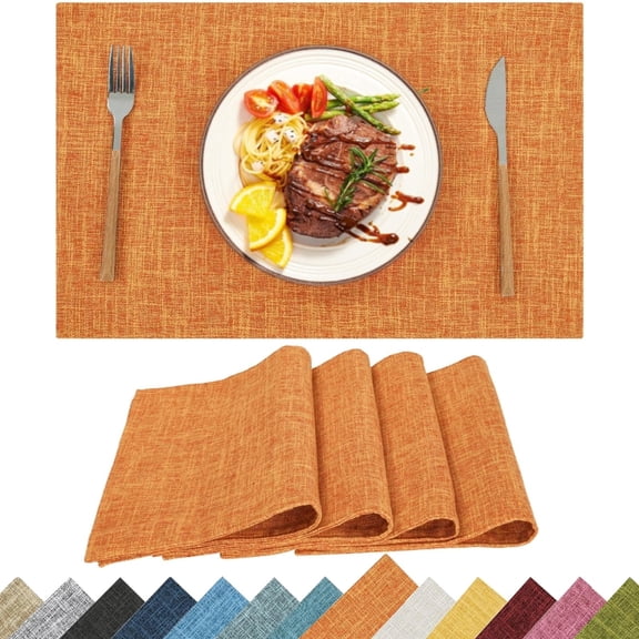Placemats Set of 4, Yamaziot Double Layer Cloth Fabric Heat Resistant Place Mat, Washable Reversible Rectangle Dining Table Mats, Fall Orange, 12"x18"